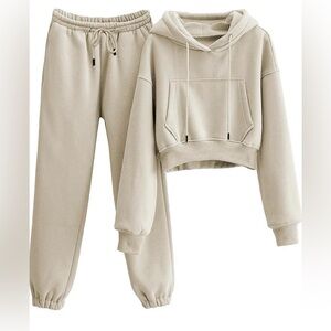 Vateami Women Fleece 2 Piece Crop Hooded Pullover Sweatshirt & Jogger Sweatpants